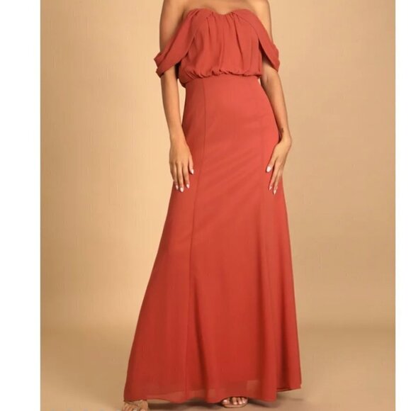 LULUS Enduring Love Terra Cotta Off The Shoulder Maxi Dress. Women's M NWT - Picture 1 of 9